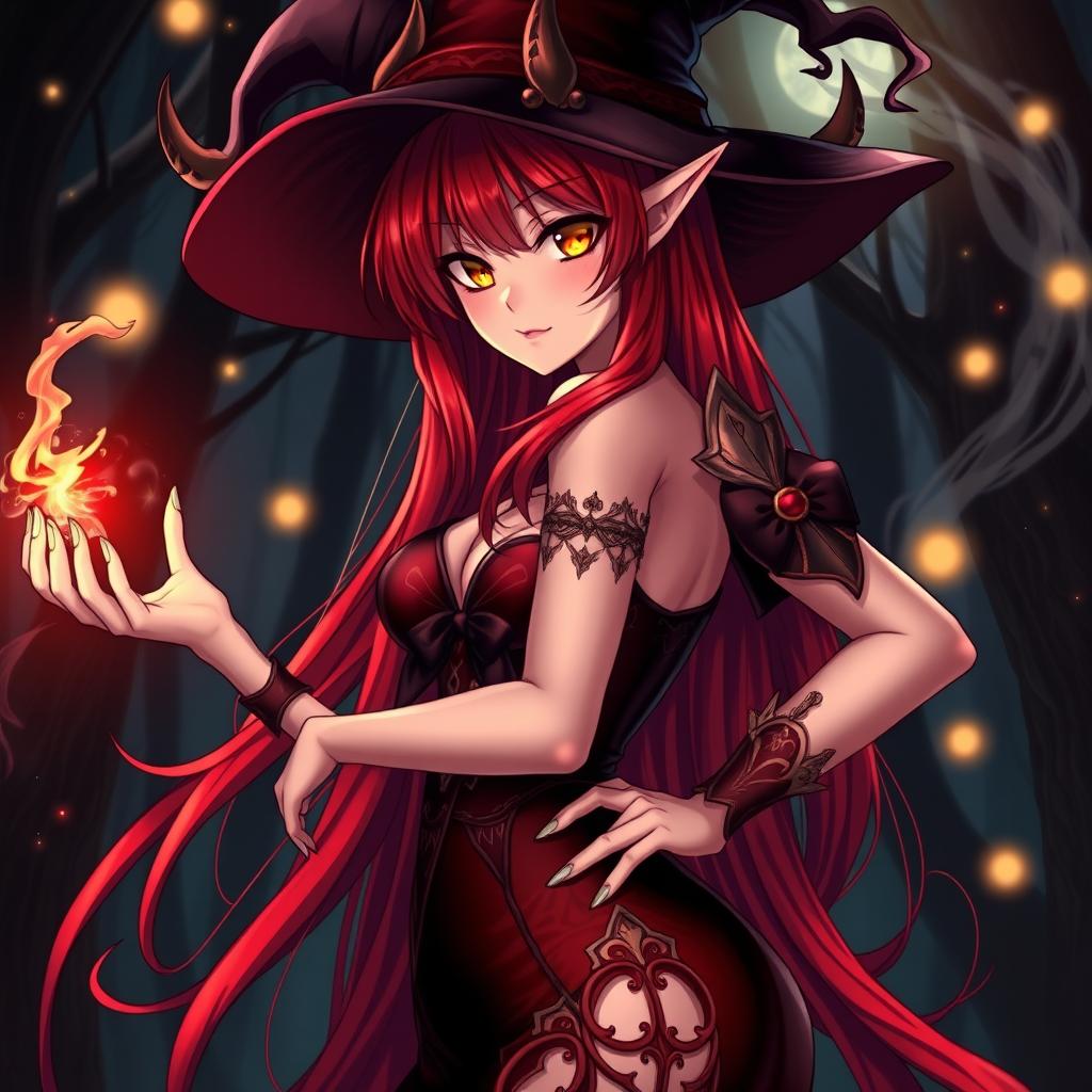 A sexy demonic anime girl witch with long red hair and nice curves, dressed in a form-fitting, elaborate witch's attire that showcases her enchanting figure