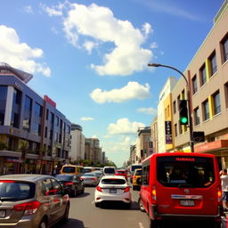 A bustling urban street scene featuring a variety of vehicles including cars, buses, and bicycles, all in a lively city environment