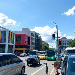 A bustling urban street scene featuring a variety of vehicles including cars, buses, and bicycles, all in a lively city environment