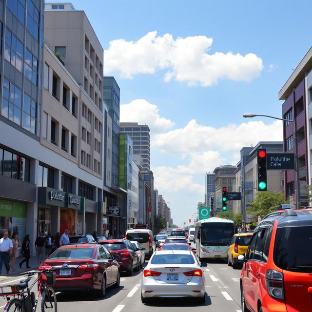 A bustling urban street scene featuring a variety of vehicles including cars, buses, and bicycles, all in a lively city environment