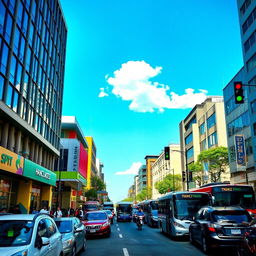 A bustling urban street scene featuring a variety of vehicles including cars, buses, and bicycles, all in a lively city environment