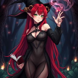 A sexy demonic anime girl witch with long red hair and nice curves, dressed in a stunning black dress that features a transparent fabric near the stomach, elegantly highlighting her figure