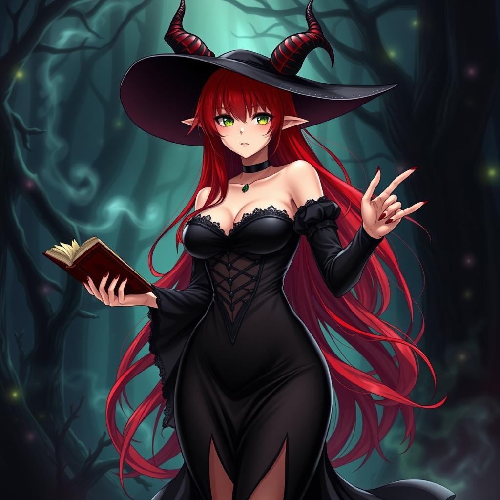 A sexy demonic anime girl witch with long red hair and nice curves, dressed in a stunning black dress that features a transparent fabric near the stomach, elegantly highlighting her figure