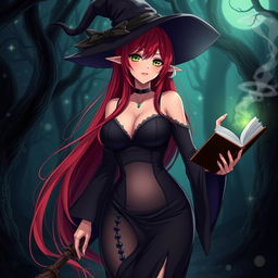 A sexy demonic anime girl witch with long red hair and nice curves, dressed in a stunning black dress that features a transparent fabric near the stomach, elegantly highlighting her figure