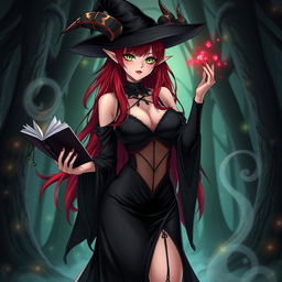 A sexy demonic anime girl witch with long red hair and nice curves, dressed in a stunning black dress that features a transparent fabric near the stomach, elegantly highlighting her figure