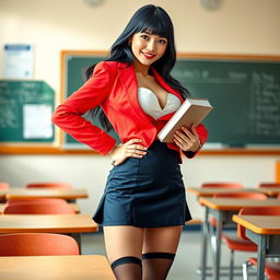 A light-skinned Canadian school girl, approximately 20 years old, stands confidently in a vibrant classroom, elegantly displaying her stylish school uniform