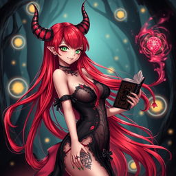 A sexy demonic anime girl witch with long, flowing red hair that shimmers with shades of crimson, beautifully accentuating her nice curves