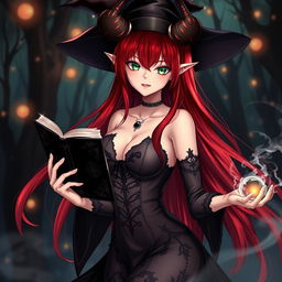 A sexy demonic anime girl witch with long, flowing red hair that shimmers with shades of crimson, beautifully accentuating her nice curves