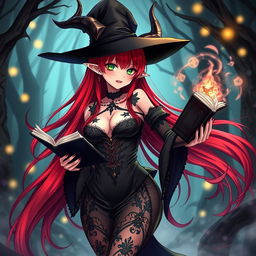A sexy demonic anime girl witch with long, flowing red hair that shimmers with shades of crimson, beautifully accentuating her nice curves
