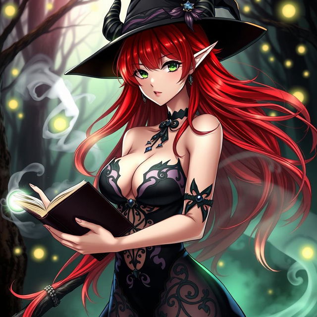 A sexy demonic anime girl witch with long, flowing red hair that shimmers with shades of crimson, beautifully accentuating her nice curves