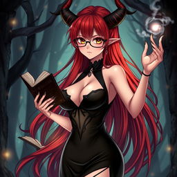A sexy demonic anime girl witch with long, flowing red hair and glasses, accentuating her striking appearance and nice curves
