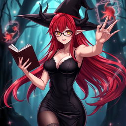 A sexy demonic anime girl witch with long, flowing red hair and glasses, accentuating her striking appearance and nice curves