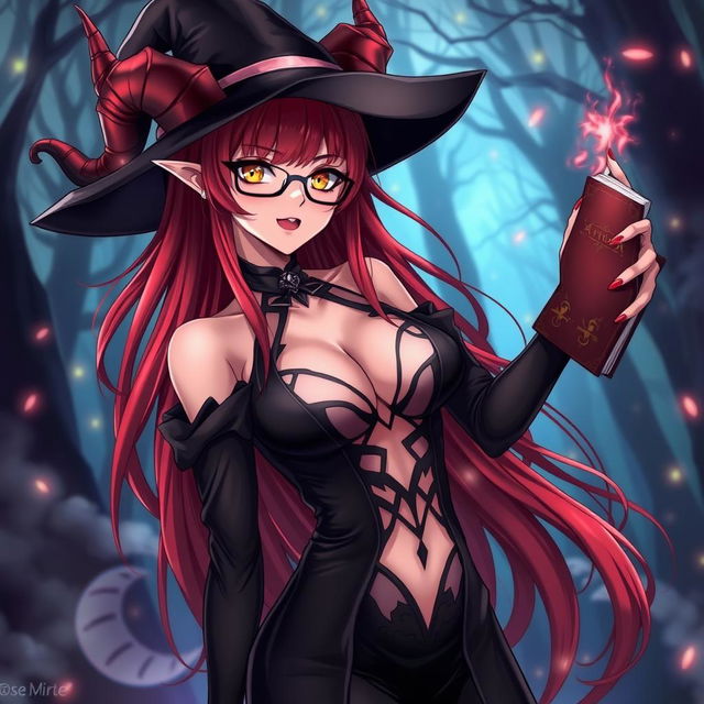 A sexy demonic anime girl witch with long, flowing red hair and glasses, accentuating her striking appearance and nice curves