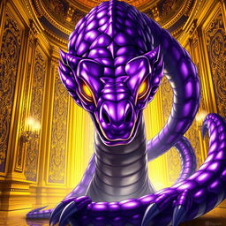An eye-catching light novel cover illustrating a colossal basilisk, featuring its striking glossy purple skin that shimmers under the light, adding a sense of otherworldly beauty to its intimidating presence