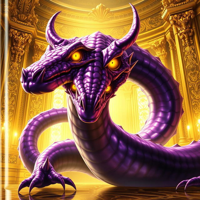 An eye-catching light novel cover illustrating a colossal basilisk, featuring its striking glossy purple skin that shimmers under the light, adding a sense of otherworldly beauty to its intimidating presence