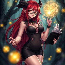 A sexy demonic anime girl witch with long, flowing red hair and stylish glasses, boasting a voluptuous figure