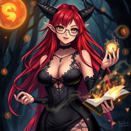 A sexy demonic anime girl witch with long, flowing red hair and stylish glasses, boasting a voluptuous figure