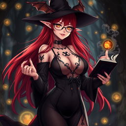 A sexy demonic anime girl witch with long, flowing red hair and stylish glasses, boasting a voluptuous figure