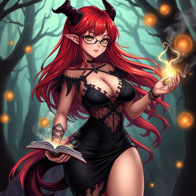 A sexy demonic anime girl witch with long, flowing red hair and stylish glasses, boasting a voluptuous figure