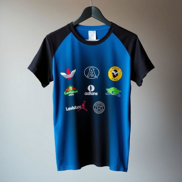 A stylish t-shirt featuring a combination of logos prominently displayed on the front