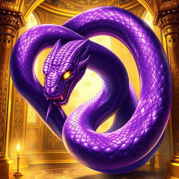 An eye-catching light novel cover depicting a colossal serpent with stunning glossy purple skin that shimmers with a magical allure