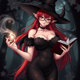 A sexy demonic anime girl witch with long, flowing red hair and stylish glasses that enhance her striking features