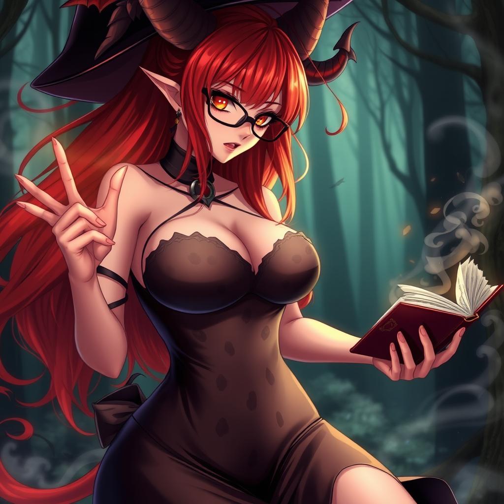 A sexy demonic anime girl witch with long, flowing red hair and stylish glasses that enhance her striking features