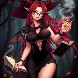 A sexy demonic anime girl witch with long, flowing red hair and stylish glasses that enhance her striking features
