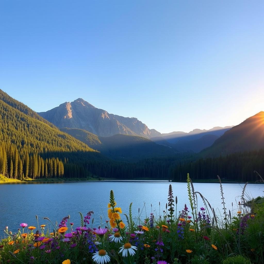 A beautiful and serene landscape featuring a tranquil lake surrounded by lush green forests under a clear blue sky