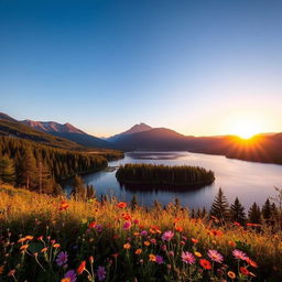 A beautiful and serene landscape featuring a tranquil lake surrounded by lush green forests under a clear blue sky