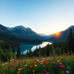 A beautiful and serene landscape featuring a tranquil lake surrounded by lush green forests under a clear blue sky