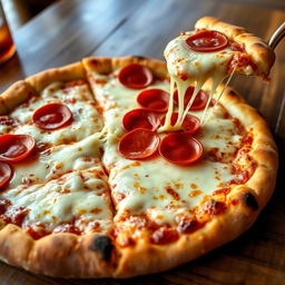 A delicious Italian pizza with a perfectly golden crust and a slice taken out, revealing the gooey, stretchy mozzarella cheese that looks absolutely marvelous and appetizing