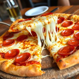 A delicious Italian pizza with a perfectly golden crust and a slice taken out, revealing the gooey, stretchy mozzarella cheese that looks absolutely marvelous and appetizing