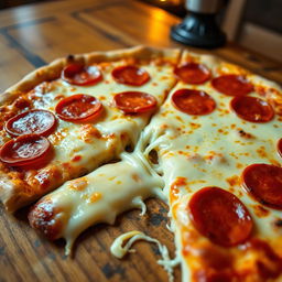 A delicious Italian pizza with a perfectly golden crust and a slice taken out, revealing the gooey, stretchy mozzarella cheese that looks absolutely marvelous and appetizing