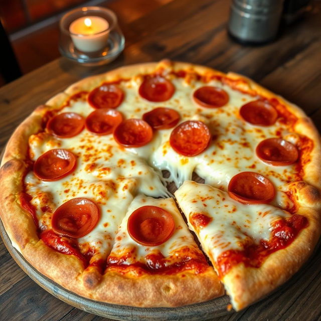 A delicious Italian pizza with a perfectly golden crust and a slice taken out, revealing the gooey, stretchy mozzarella cheese that looks absolutely marvelous and appetizing