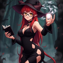 A sexy demonic anime girl witch with long, vibrant red hair cascading down her back and stylish glasses perched on her nose