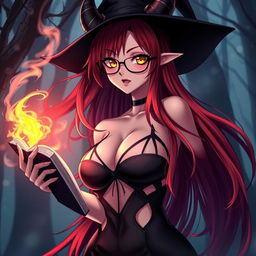 A sexy demonic anime girl witch with long, vibrant red hair cascading down her back and stylish glasses perched on her nose