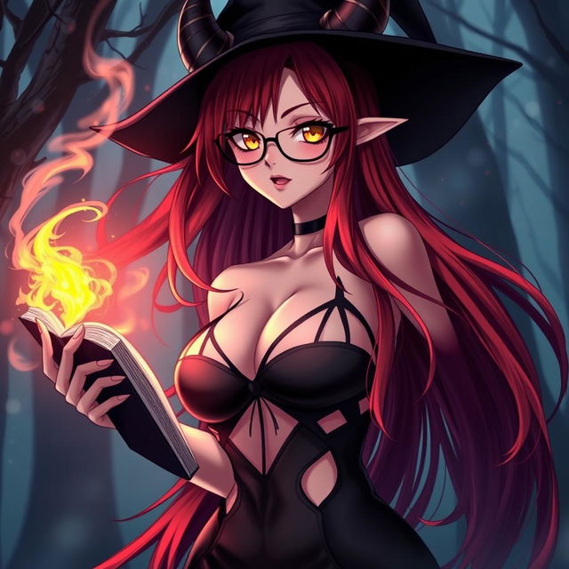 A sexy demonic anime girl witch with long, vibrant red hair cascading down her back and stylish glasses perched on her nose