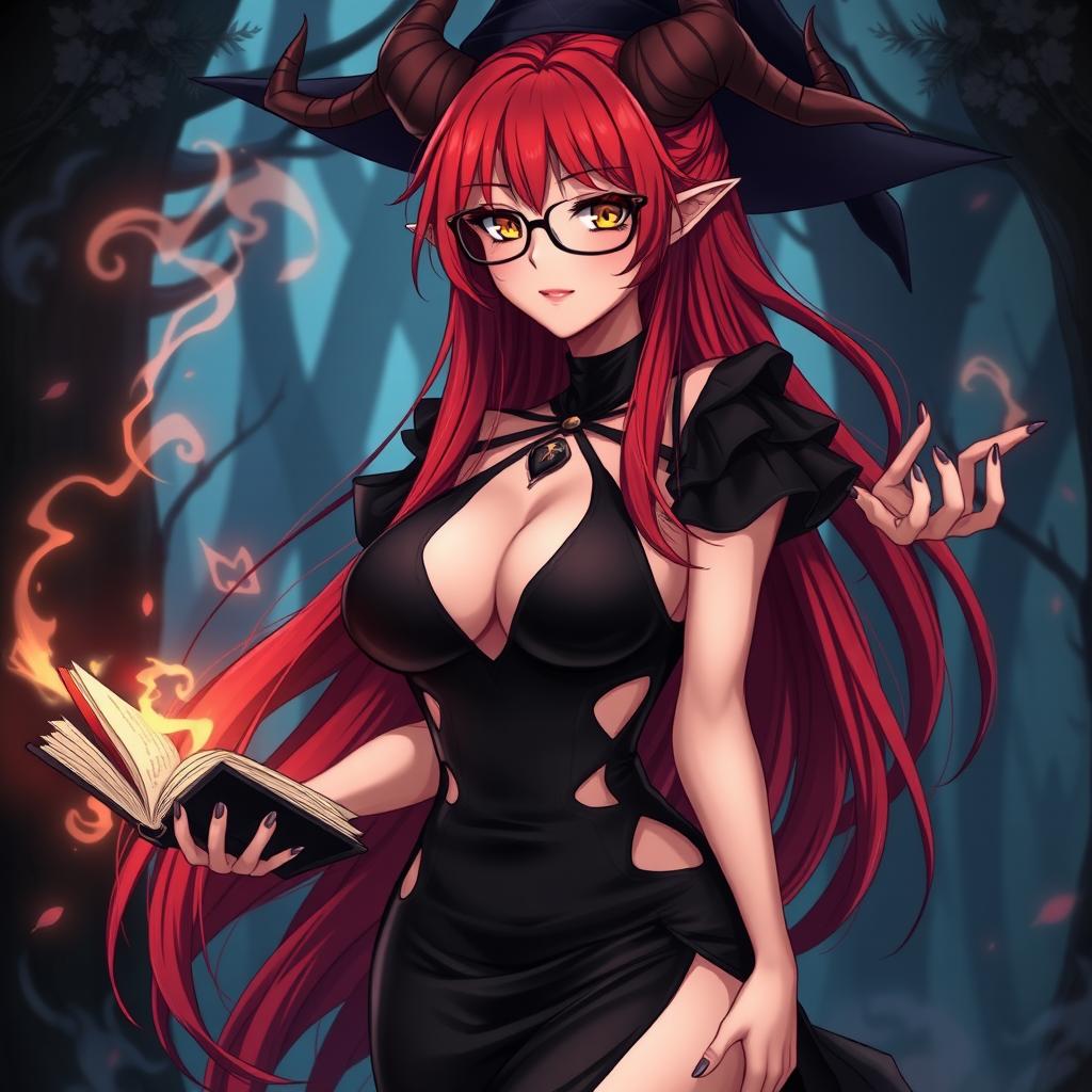 A sexy demonic anime girl witch with long, vibrant red hair cascading down her back and stylish glasses perched on her nose