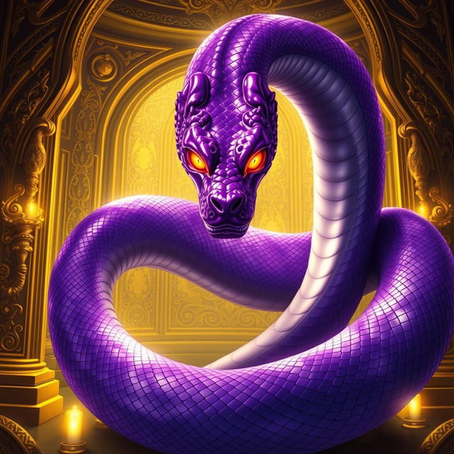 A captivating light novel cover featuring a colossal serpent with stunning glossy purple skin that reflects light beautifully, making it appear almost magical