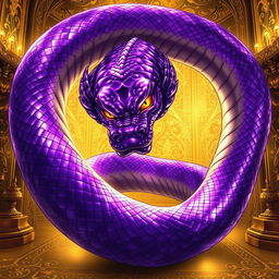 A captivating light novel cover featuring a colossal serpent with stunning glossy purple skin that reflects light beautifully, making it appear almost magical