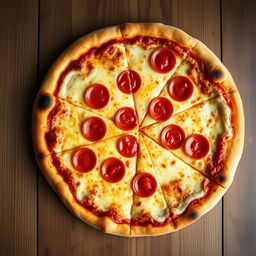 A delicious Italian pizza viewed from a top angle, showcasing a perfectly golden crust with a full slice taken out, revealing the gooey, stretchy mozzarella cheese that looks absolutely marvelous and appetizing