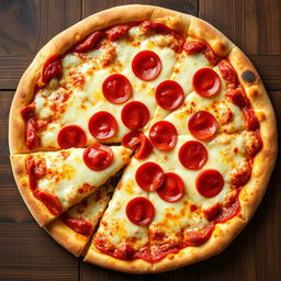A delicious Italian pizza viewed from a top angle, showcasing a perfectly golden crust with a full slice taken out, revealing the gooey, stretchy mozzarella cheese that looks absolutely marvelous and appetizing