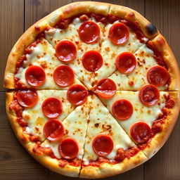 A delicious Italian pizza viewed from a top angle, showcasing a perfectly golden crust with a full slice taken out, revealing the gooey, stretchy mozzarella cheese that looks absolutely marvelous and appetizing