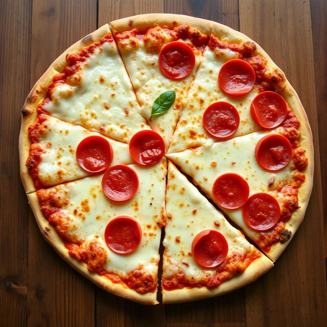 A delicious Italian pizza viewed from a top angle, showcasing a perfectly golden crust with a full slice taken out, revealing the gooey, stretchy mozzarella cheese that looks absolutely marvelous and appetizing