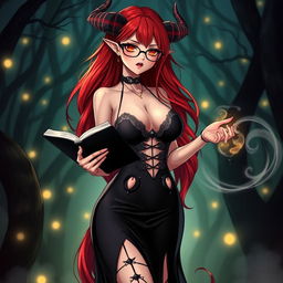 A sexy demonic anime girl witch featuring long, flowing red hair and stylish glasses that highlight her captivating features