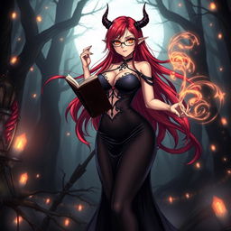 A sexy demonic anime girl witch featuring long, flowing red hair and stylish glasses that highlight her captivating features