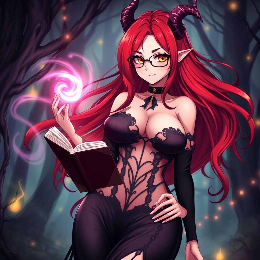 A sexy demonic anime girl witch featuring long, flowing red hair and stylish glasses that highlight her captivating features