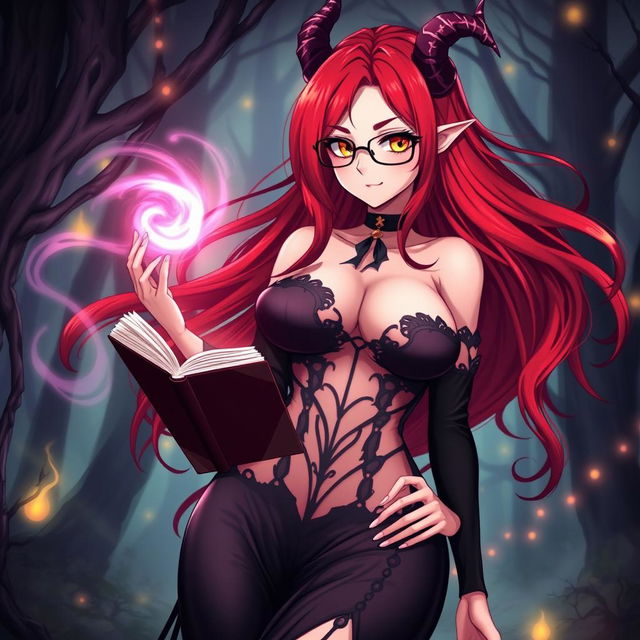 A sexy demonic anime girl witch featuring long, flowing red hair and stylish glasses that highlight her captivating features