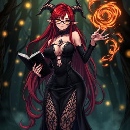 A sexy demonic anime girl witch featuring long, flowing red hair and stylish glasses that highlight her captivating features